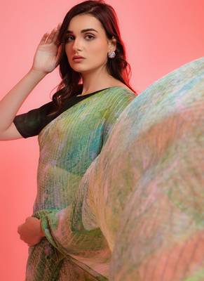 Green chiffon sequence work saree with unstitched blouse 4