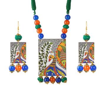 Warli painting faces pendant with multi color and cotton bead adjustable thread necklace set for women and girls. 1
