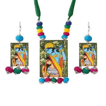 Warli painting faces pendant with multi color and cotton bead adjustable thread necklace set for women and girls. 1