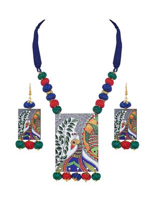 Warli painting faces pendant with multicolor and cotton bead adjustable thread necklace set for women and girls 1
