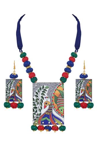 Warli painting faces pendant with multicolor and cotton bead adjustable thread necklace set for women and girls