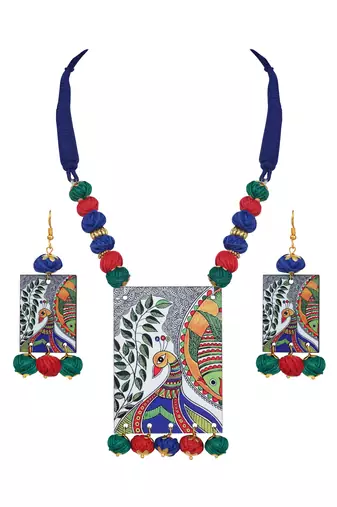 Warli painting faces pendant with multicolor and cotton bead adjustable thread necklace set for women and girls