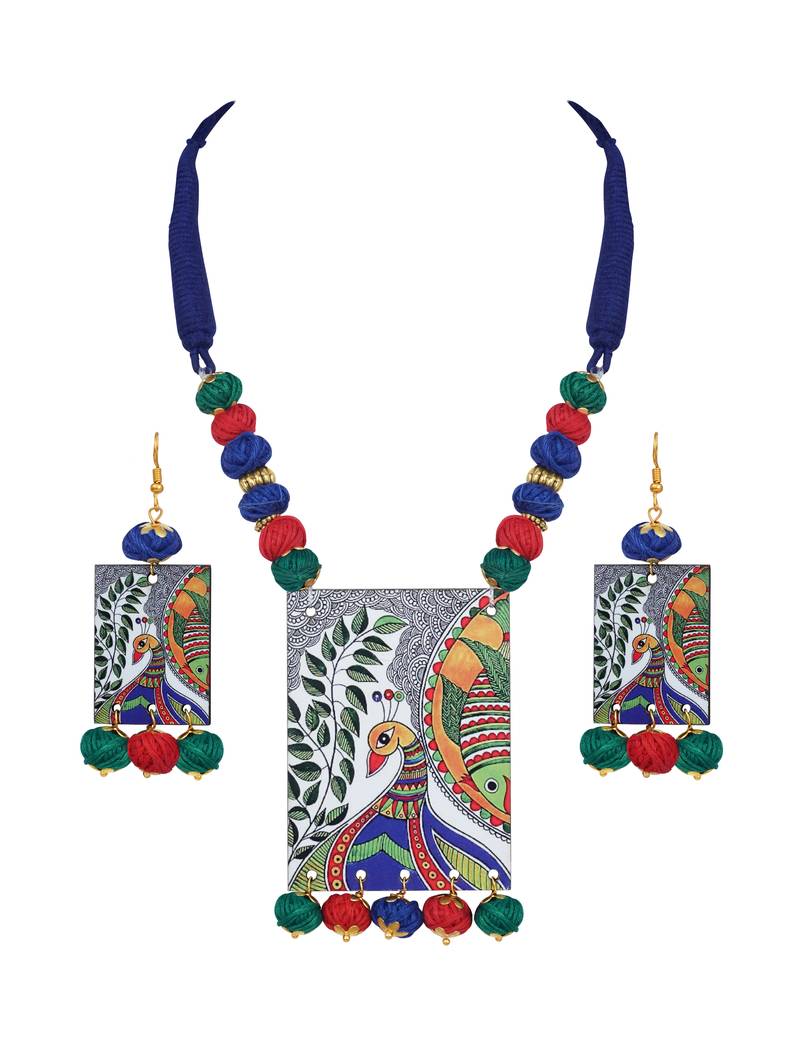 Warli painting faces pendant with multicolor and cotton bead adjustable thread necklace set for women and girls