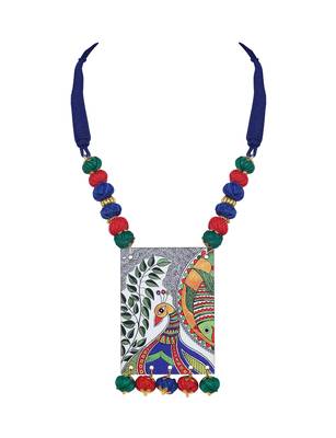 Warli painting faces pendant with multicolor and cotton bead adjustable thread necklace set for women and girls 2