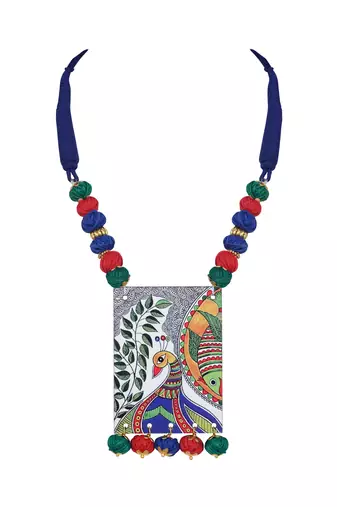 Warli painting faces pendant with multicolor and cotton bead adjustable thread necklace set for women and girls