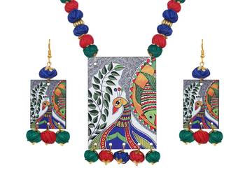 Warli painting faces pendant with multicolor and cotton bead adjustable thread necklace set for women and girls 4