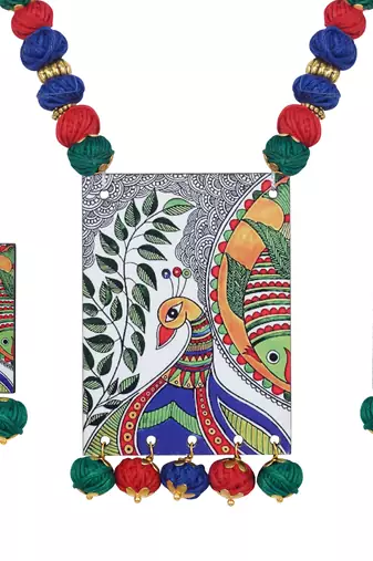 Warli painting faces pendant with multicolor and cotton bead adjustable thread necklace set for women and girls