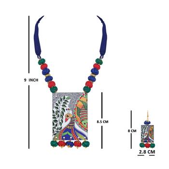 Warli painting faces pendant with multicolor and cotton bead adjustable thread necklace set for women and girls 5