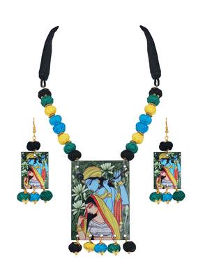 warli painting faces pendant with multi color and cotton bead adjustable thread necklace set for women and girls 1