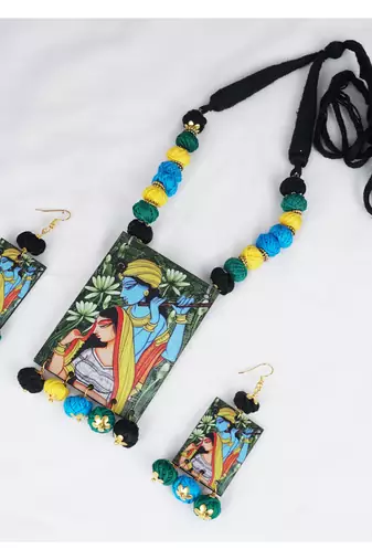 warli painting faces pendant with multi color and cotton bead adjustable thread necklace set for women and girls