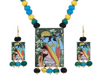warli painting faces pendant with multi color and cotton bead adjustable thread necklace set for women and girls 3