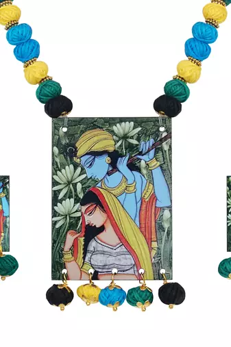 warli painting faces pendant with multi color and cotton bead adjustable thread necklace set for women and girls