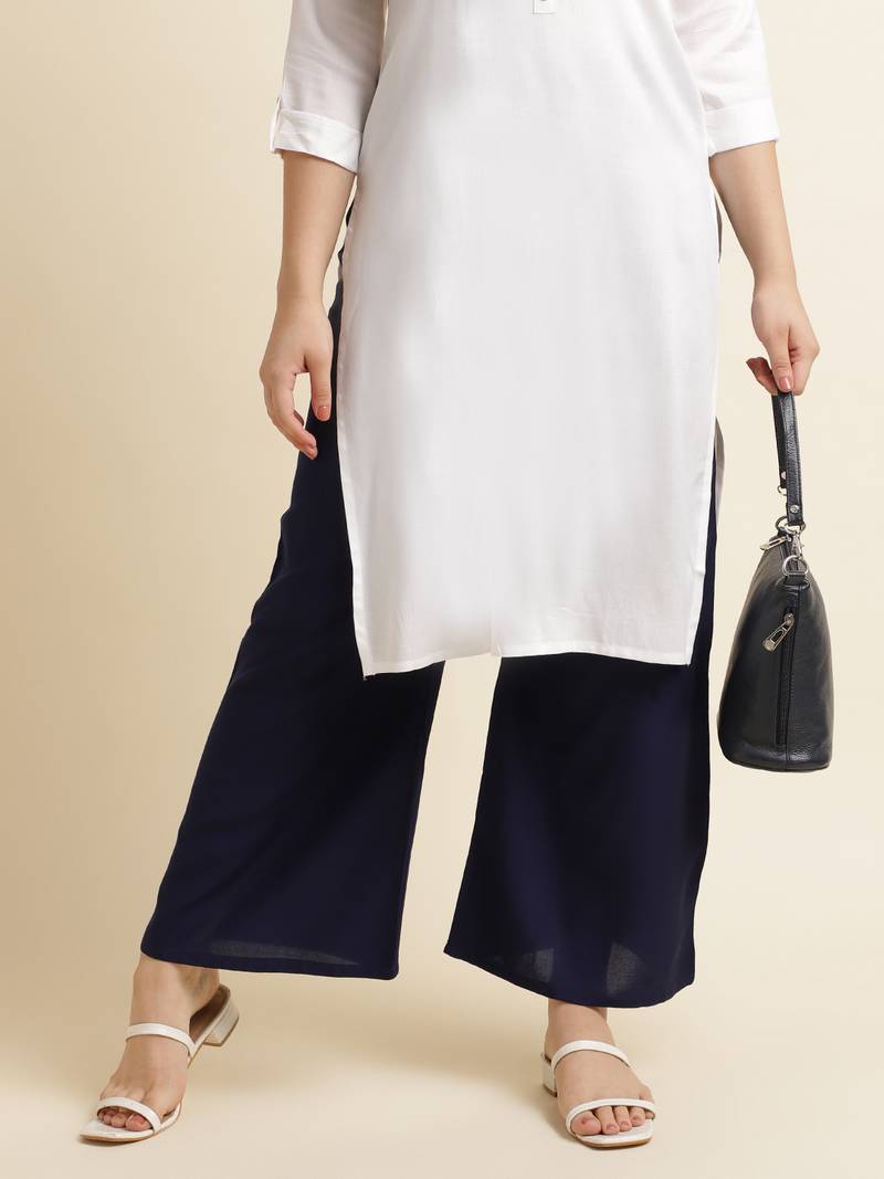 Fabclub Women Rayon Solid Plain Free Size Palazzo (Navy Blue)