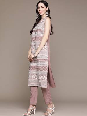 Ziyaa women's purple crepe straight kurta and pant set 2