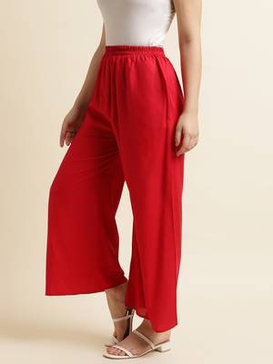 Fabclub Women Rayon Solid Plain Free Size Palazzo (Red) 5