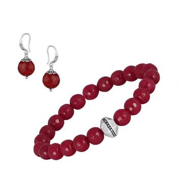   combo of semi-precious reiki gemstone onyx beaded bracelet and earrings silver plated for women and girls 1