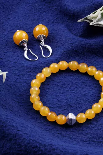   combo of semi-precious reiki gemstone onyx beaded bracelet and earrings silver plated for women and girls