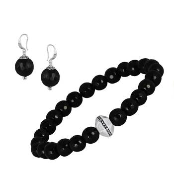   combo of semi-precious reiki gemstone onyx beaded bracelet and earrings silver plated for women and girls 1