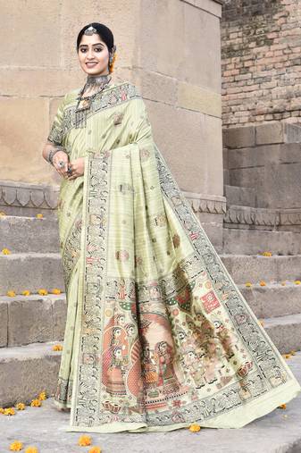 Elora pure tussar silk madhubani work saree for women (light green)