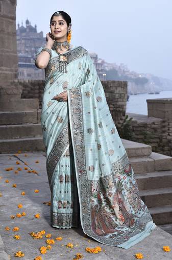 Elora pure tussar silk madhubani work saree for women (aqua blue)