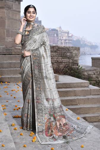 Elora pure tussar silk madhubani work saree for women (dusty grey)