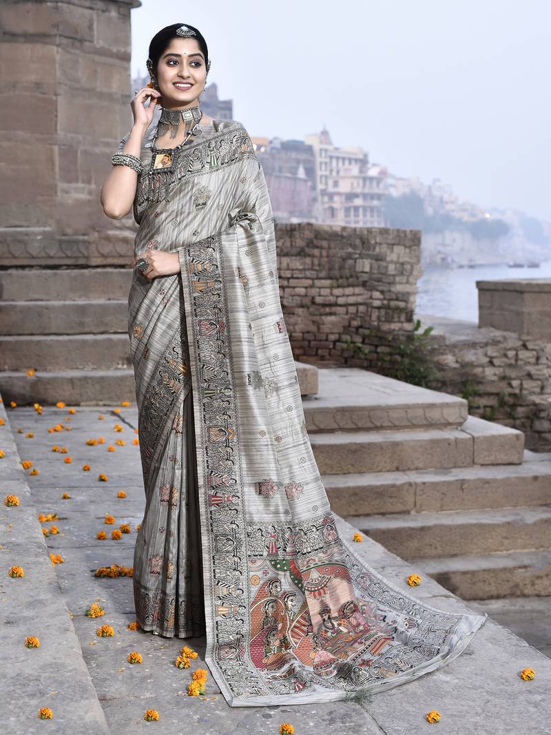 Elora pure tussar silk madhubani work saree for women (dusty grey)