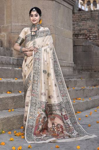 Elora pure tussar silk madhubani work saree for women (cream)