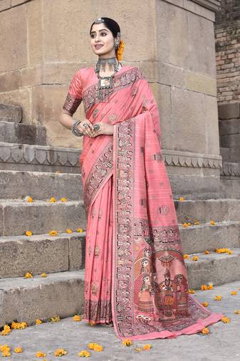 Elora pure tussar silk madhubani work saree for women (light pink)