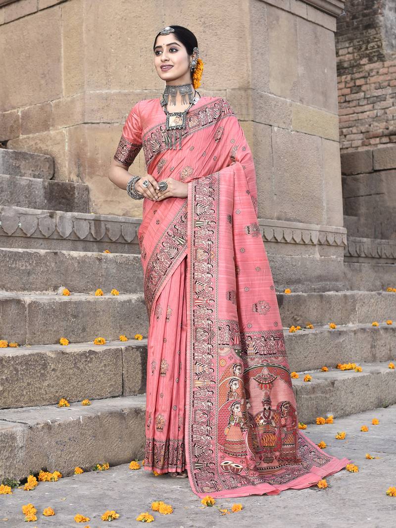 Elora pure tussar silk madhubani work saree for women (light pink)