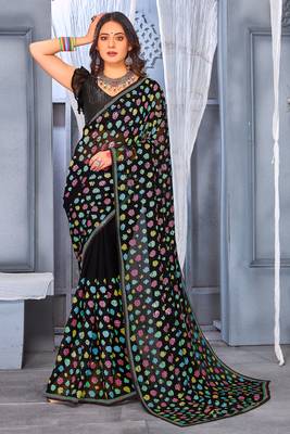 Black Sequence embroidered Georgette Party Wear Saree With Blouse Piece 1