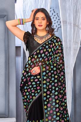 Black Sequence embroidered Georgette Party Wear Saree With Blouse Piece 3