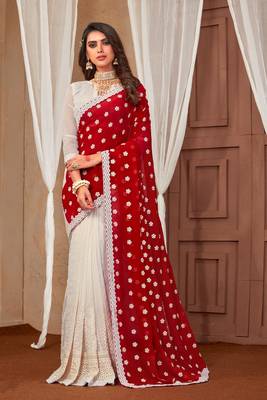 Manu Fashion Georgette Stone Work Embroidered Red And White Saree 1