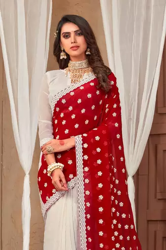 Manu Fashion Georgette Stone Work Embroidered Red And White Saree