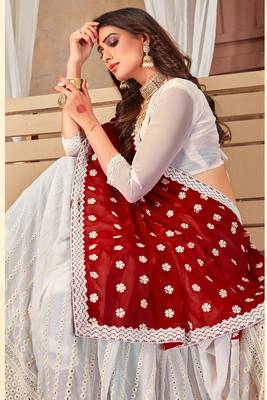 Manu Fashion Georgette Stone Work Embroidered Red And White Saree 3