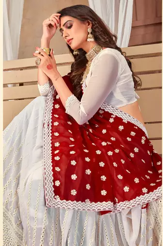 Manu Fashion Georgette Stone Work Embroidered Red And White Saree