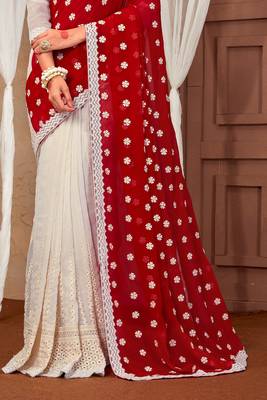 Manu Fashion Georgette Stone Work Embroidered Red And White Saree 4