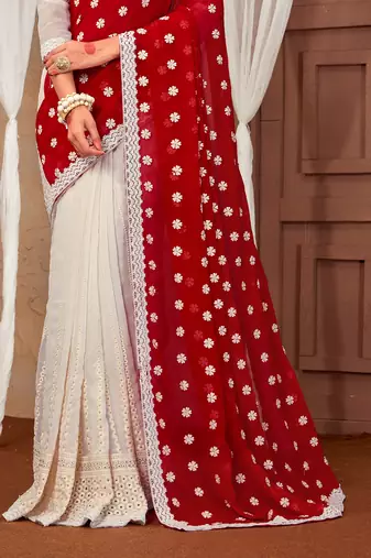 Manu Fashion Georgette Stone Work Embroidered Red And White Saree
