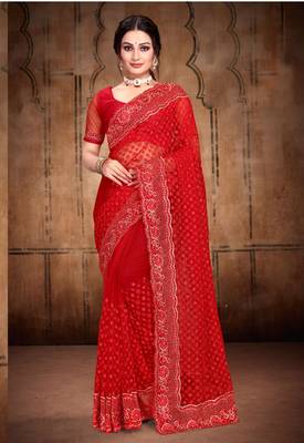 Red Heavy Zari Resham Stone Embroidered Net Wedding Saree With Blouse Piece 1
