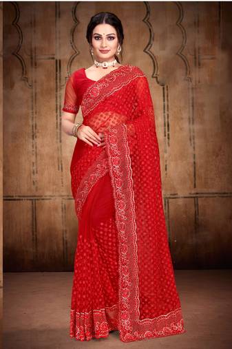 Red Heavy Zari Resham Stone Embroidered Net Wedding Saree With Blouse Piece
