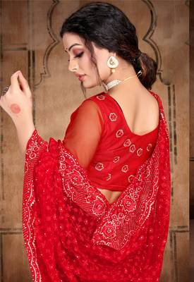 Red Heavy Zari Resham Stone Embroidered Net Wedding Saree With Blouse Piece 2