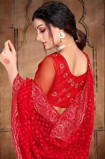 Red Heavy Zari Resham Stone Embroidered Net Wedding Saree With Blouse Piece