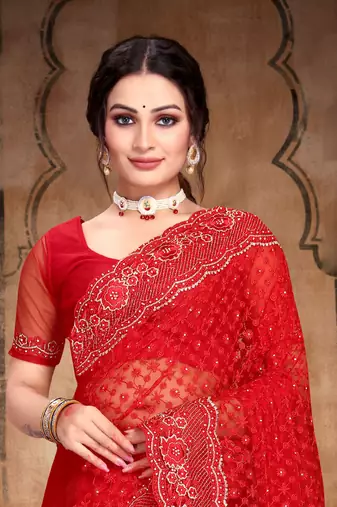 Red Heavy Zari Resham Stone Embroidered Net Wedding Saree With Blouse Piece
