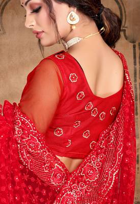 Red Heavy Zari Resham Stone Embroidered Net Wedding Saree With Blouse Piece 4