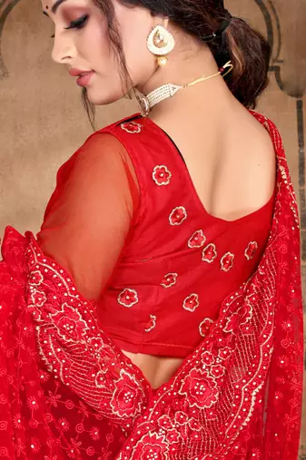 Red Heavy Zari Resham Stone Embroidered Net Wedding Saree With Blouse Piece