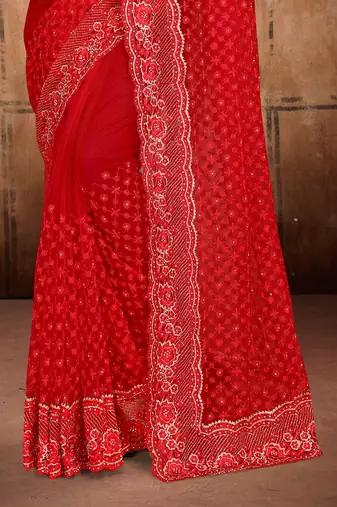 Red Heavy Zari Resham Stone Embroidered Net Wedding Saree With Blouse Piece