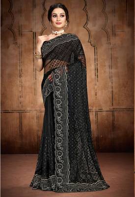 Black Heavy Zari Resham Stone Embroidered Net Wedding Saree With Blouse Piece 1