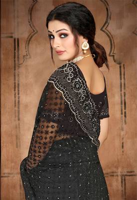 Black Heavy Zari Resham Stone Embroidered Net Wedding Saree With Blouse Piece 2