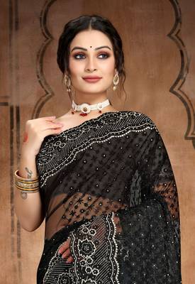 Black Heavy Zari Resham Stone Embroidered Net Wedding Saree With Blouse Piece 3