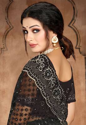 Black Heavy Zari Resham Stone Embroidered Net Wedding Saree With Blouse Piece 4