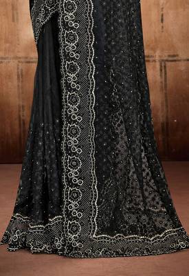 Black Heavy Zari Resham Stone Embroidered Net Wedding Saree With Blouse Piece 5